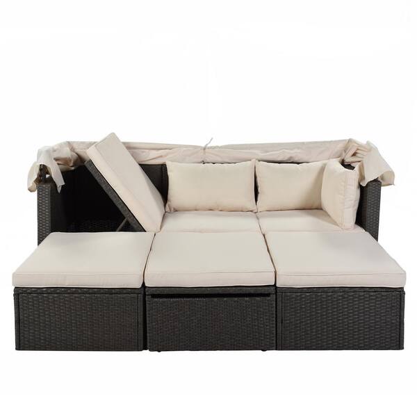 Angel Sar Gray Wicker Outdoor Rectangle Day Bed with Retractable Canopy and Washable Beige Cushions