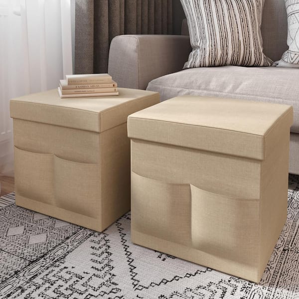 Lavish Home Beige Folding Ottoman (Set of 2)