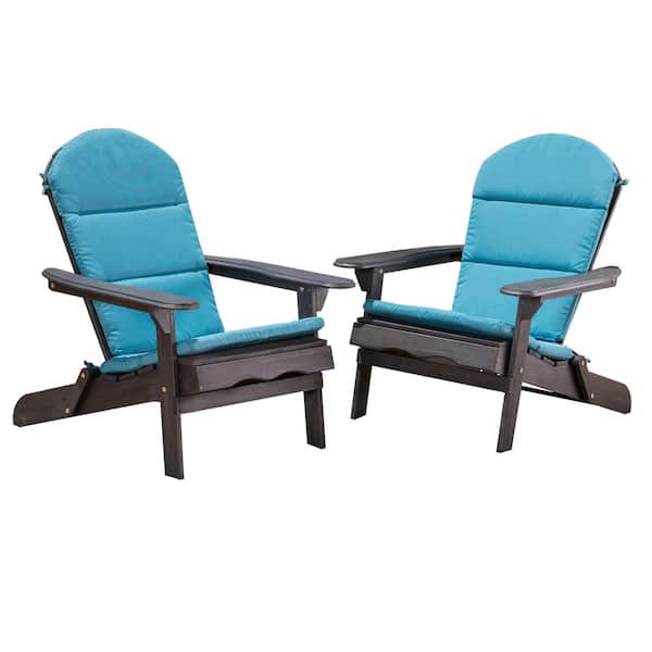 Noble House Malibu Dark Gray Folding Wood Adirondack Chairs with Dark Teal Cushions (2-Pack)