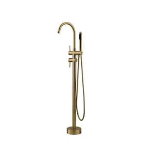 Single Handle Freestanding Tub Faucet with Hand Shower in Brushed Gold Floor Mount 360° Swivel High Arc Spout