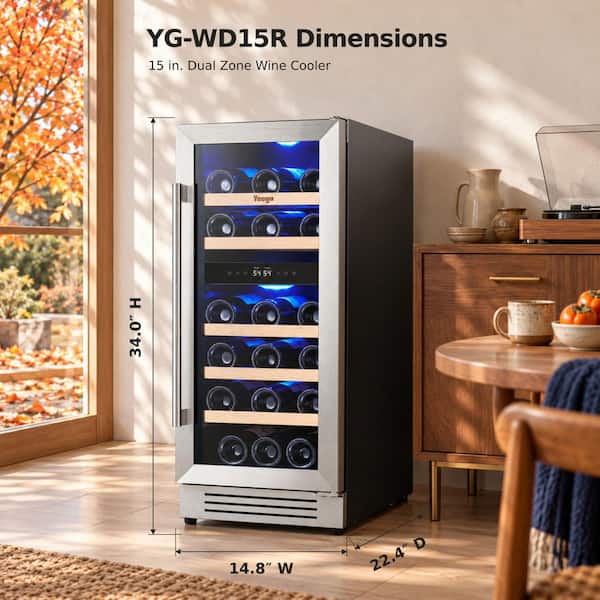 15 in. Dual Zone 28-Bottle Built-In/Freestanding Wine Cooler in Stainless Steel (Right-Hinged)