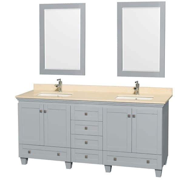 Wyndham Collection Acclaim 72 in. W x 22 in. D Vanity in Oyster Gray with Marble Vanity Top in Ivory with White Basins and 24 in. Mirrors