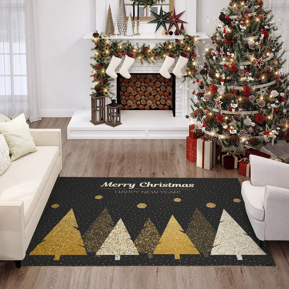 Black and Gold Abstract Christmas Tree Washable Rug 5' x 7'