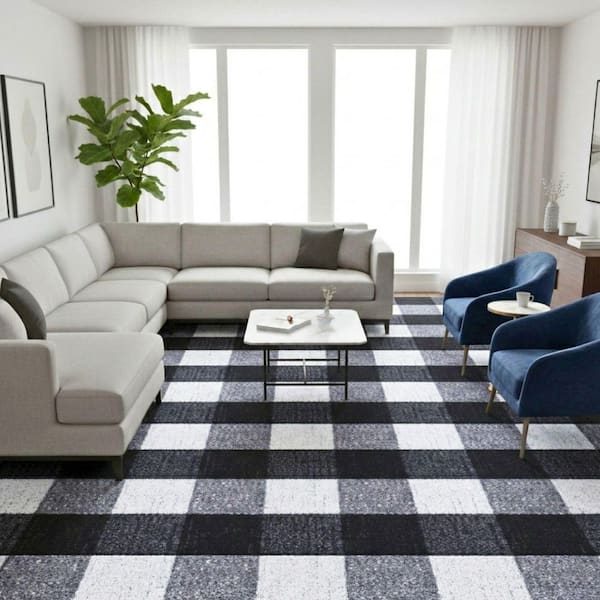 Homeline Non-Slip Rubberback 8 ft. x 20 ft. Checkered Buffalo Plaid Indoor Runner Rug, Grayscale