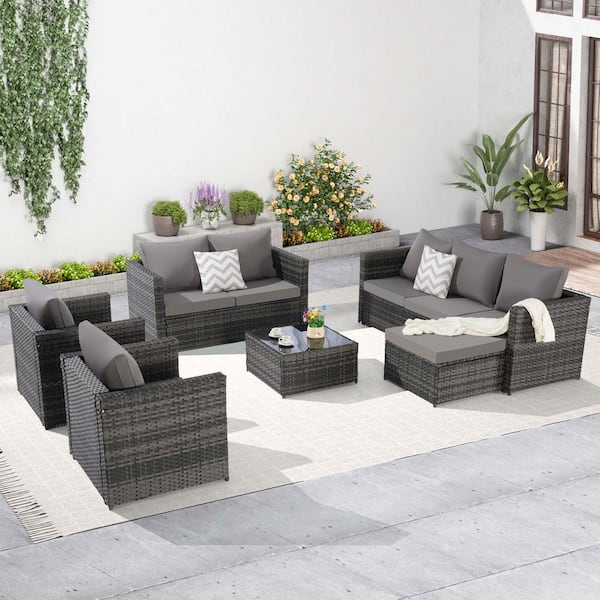Tenleaf 5-Piece Wicker Patio Conversation Set with Gray Cushions, Glass Table, Pillows