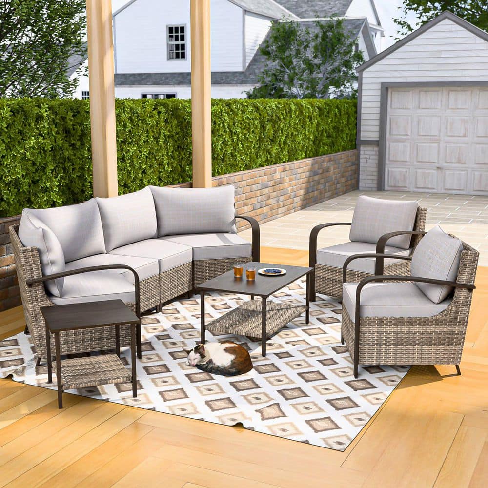 6-Seat Patio Brown Wicker Steel Conversation Set Outdoor Half-Moon Sectional Set with Beige Cushions price history on PriceWatchPro