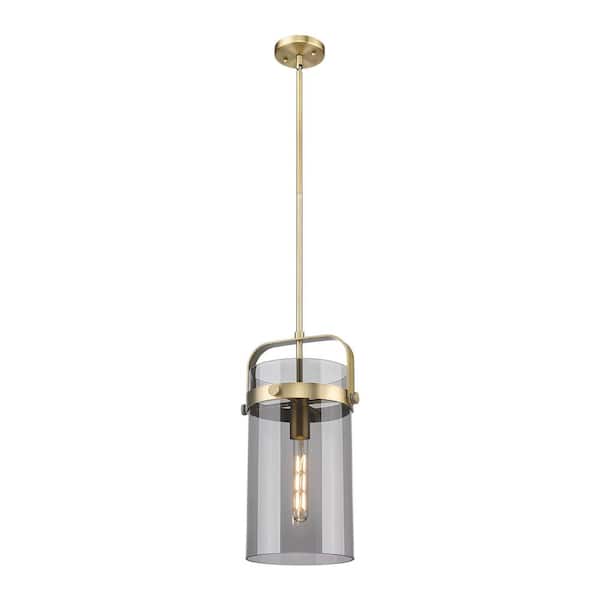 Innovations Pilaster 100-Watt 1-Light Brushed Brass Shaded Pendant Light with Tinted Glass Tinted Glass Shade