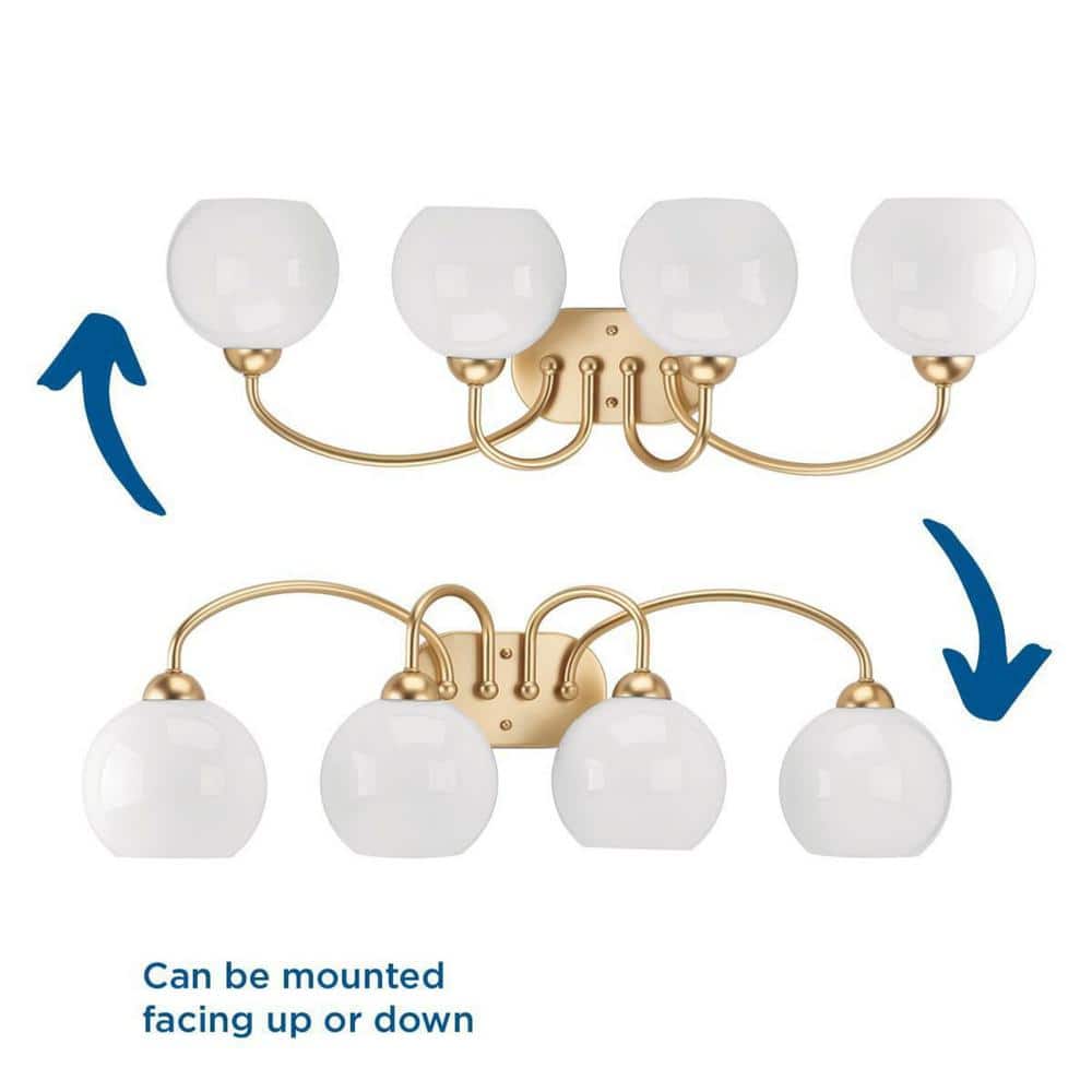 Carisa 4-Light Gold Bath Wall Light with White Glass Globes