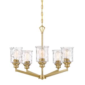 Drake 5-Light Brushed Gold Chandelier with Clear Hammered Glass Shades For Dining Rooms