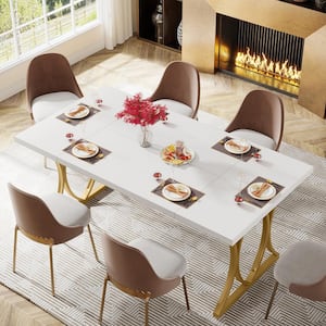 Roesler Modern Gold and White Wood 62.9 in Pedestal Dining Table Seats 6