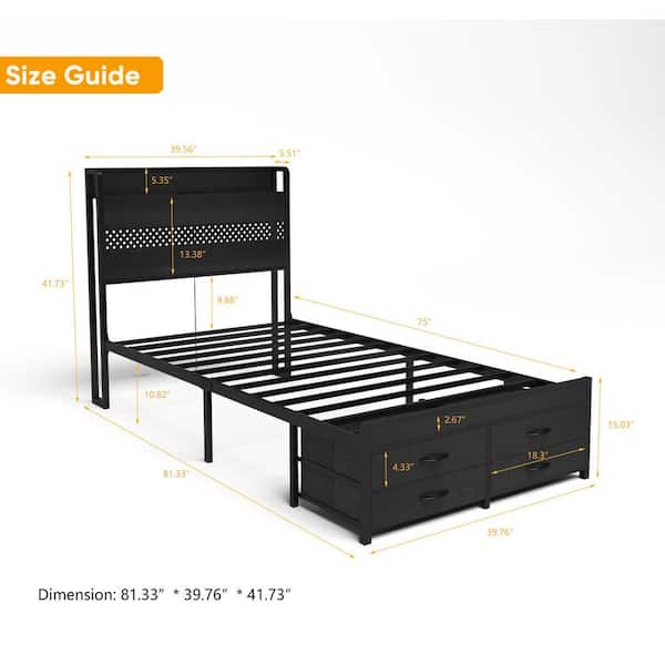 81.33 in. x 39.76 in. x 41.73 in. Black Metal Frame Twin Platform Bed Frame with Headboard and Storage Drawers for Home