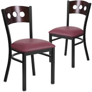 Walnut Wood Back/Burgundy Vinyl Seat/Black Metal Frame Restaurant Chairs (Set of 2)