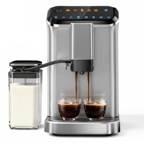 2-Cup Silver Fully Automatic Espresso Machine with 15-Grind Settings and Manual Milk Frothing