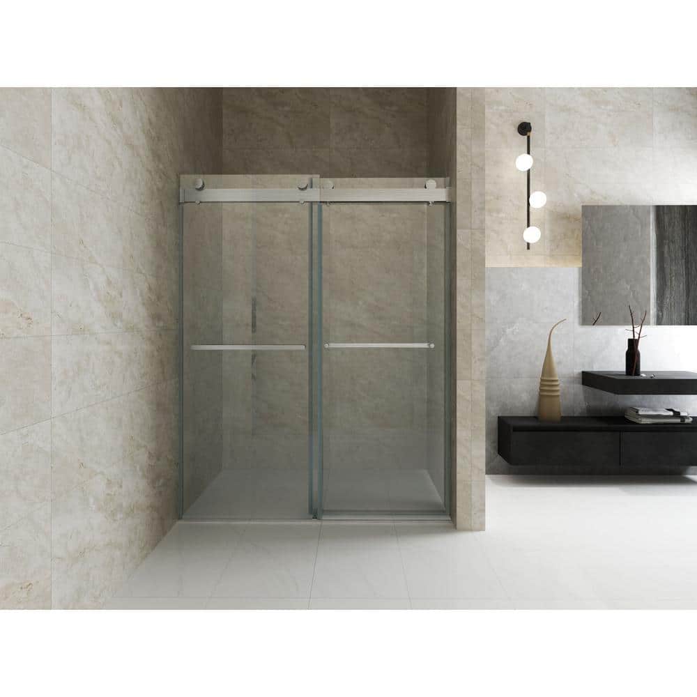 60'' Frameless Clear Glass Sliding Shower Door with Brushed Nickel Frame