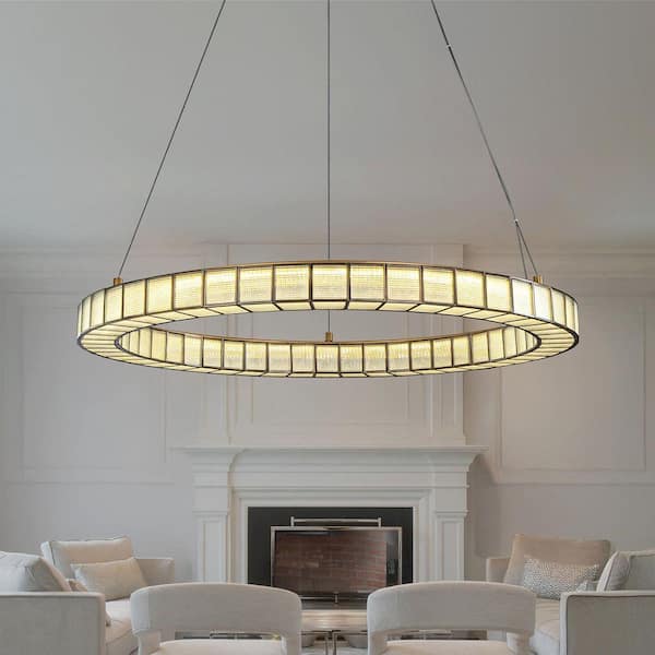 W32 in. Modern Brass Halo Round Integrated LED Chandelier with Art Glass Glam Large Ring Ceiling Light For Living Room