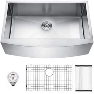 Brushed Nickel 16 G Stainless Steel 33 in. Single Bowl Farmhouse Apron Kitchen Sink with Bottom Grid and Basket Strainer