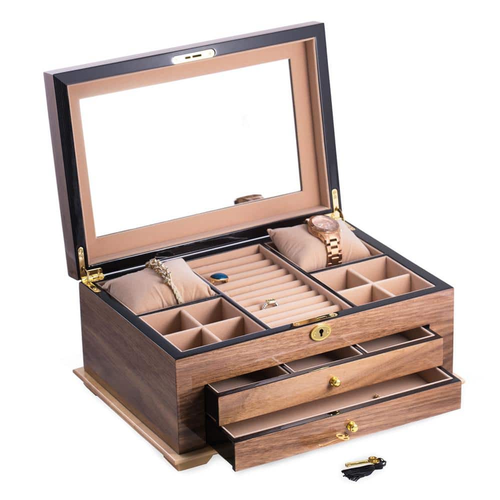 Bey-Berk Brown Leather Checkered Jewelry Box & Valet Tray Set
