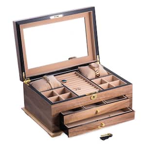 "Walnut" Lacquered Wood 3-Level Jewelry Box with Gold Accents and Locking Lid