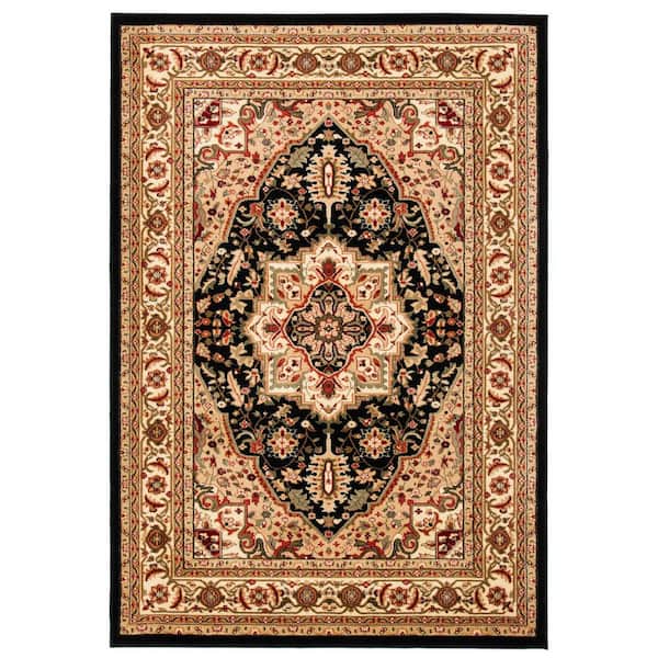 Lyndhurst 8 ft. x 10 ft. Black/Beige Floral Border Medallion Area Rug