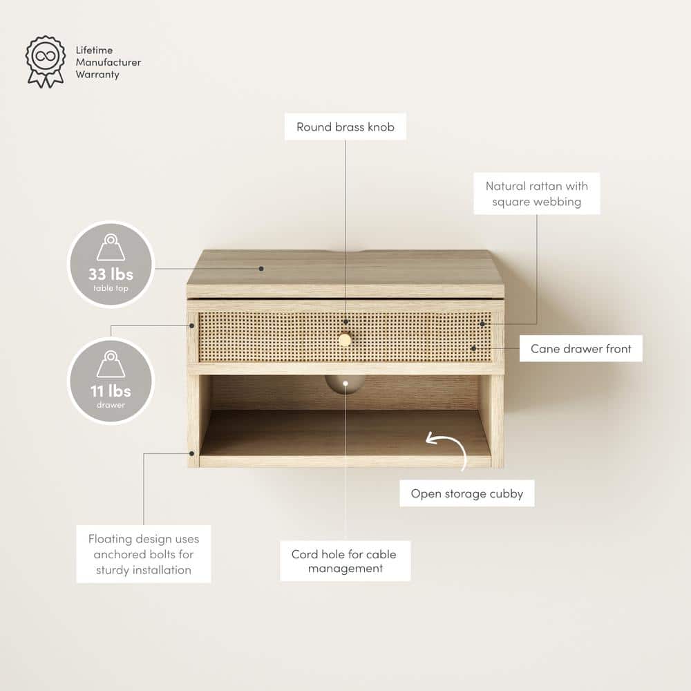 Light Oak and Rattan Floating Nightstand with Brass Knob