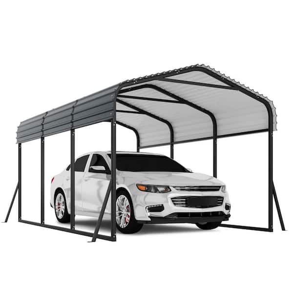 10 ft. x 15 ft. Heavy Duty Metal Carport with Galvanized Steel Roof, Outdoor Metal Car Shelter for Tractors, Boat, Grey