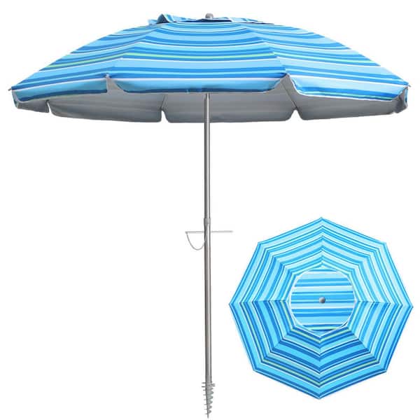 PASAMIC 7 ft. Metal Tilt Beach Umbrella with Sand Anchor andCarry Bag in Baby Blue Stripes