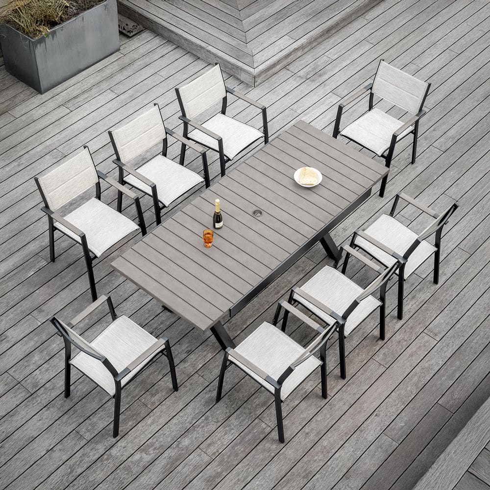Black and Gray Oak 9-Piece Aluminum Rectangular Outdoor Dining Set