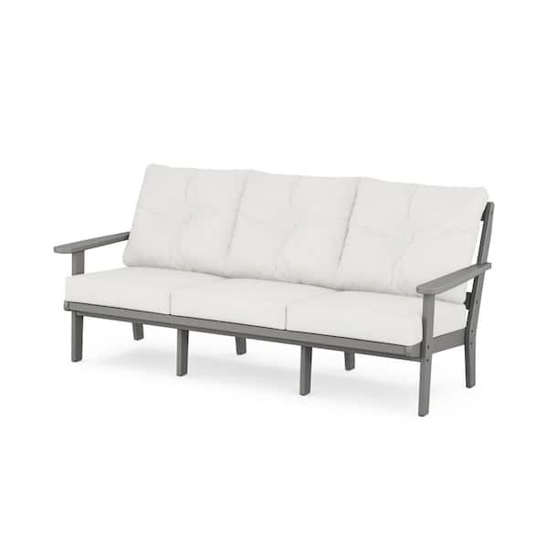 Trex Outdoor Furniture Cape Cod Plastic Outdoor Deep Seating Couch in Stepping Stone with Natural Linen Cushions