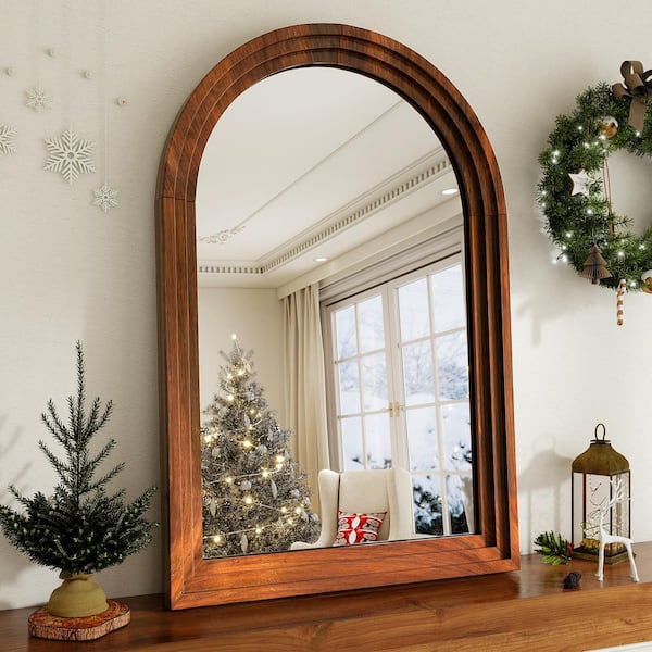 XRAMFY 24 in. W x 36 in. H Arched Classic Brown Wooden Framed Bathroom Vanity Mirror Wall Mirror