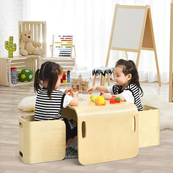 3-Piece Kids Wooden Table and Chair Set Children Multipurpose Homeschool Furniture