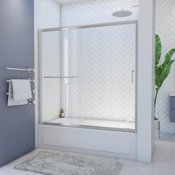 Mahalo 56- 60 in W x 58 in H Semi-Frameless Sliding Shower Door/Enclosure Tub Door in Brushed Nickel with Clear Glass