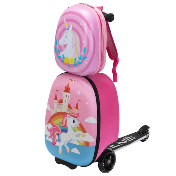 VLIVE 2-Piece Kids Luggage Set Unicorn 19 in. Scooter Case and 12 in. Square Backpack