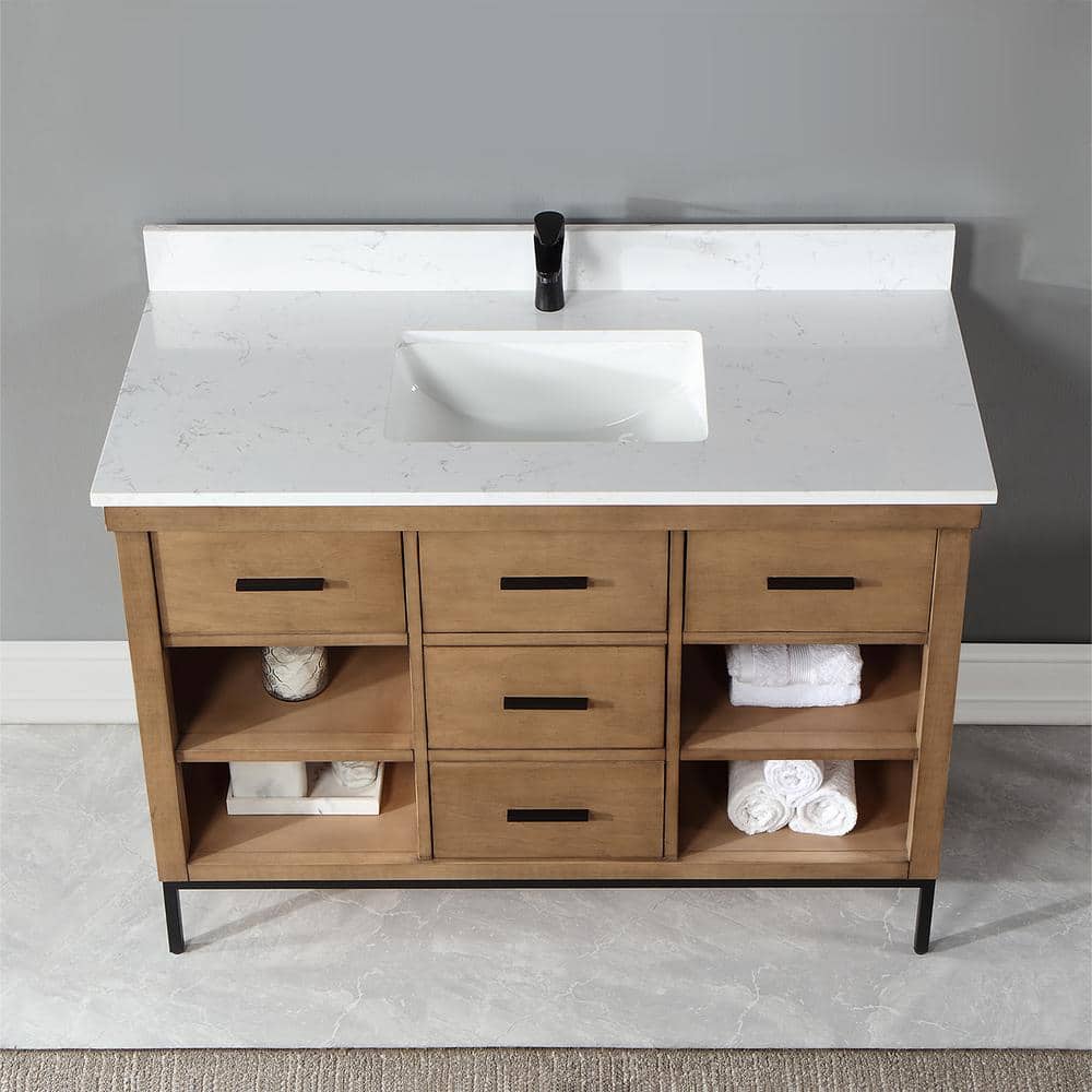 Kesia 48" Brown Pine Single Bathroom Vanity with White Stone Countertop