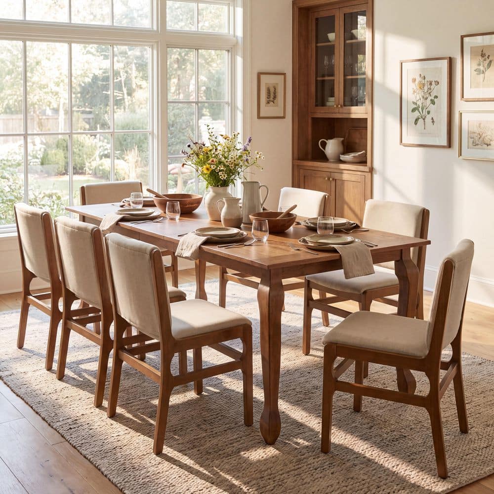 9-Piece Brown Wood Top Dining Set with Rectangle Dining Table, Wheat Fabric Upholstered Dining Chairs, Seats 8 price history on PriceWatchPro