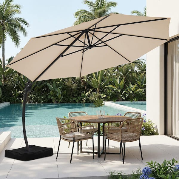 10 ft offset aluminum hanging patio umbrella Solar LED Outdoor Cantilever Umbrella Umbrella Easy Open Adustment with 32 LED Lights resistant 250 gsm yarn Turquoise Offset Aluminum Round Outdoor