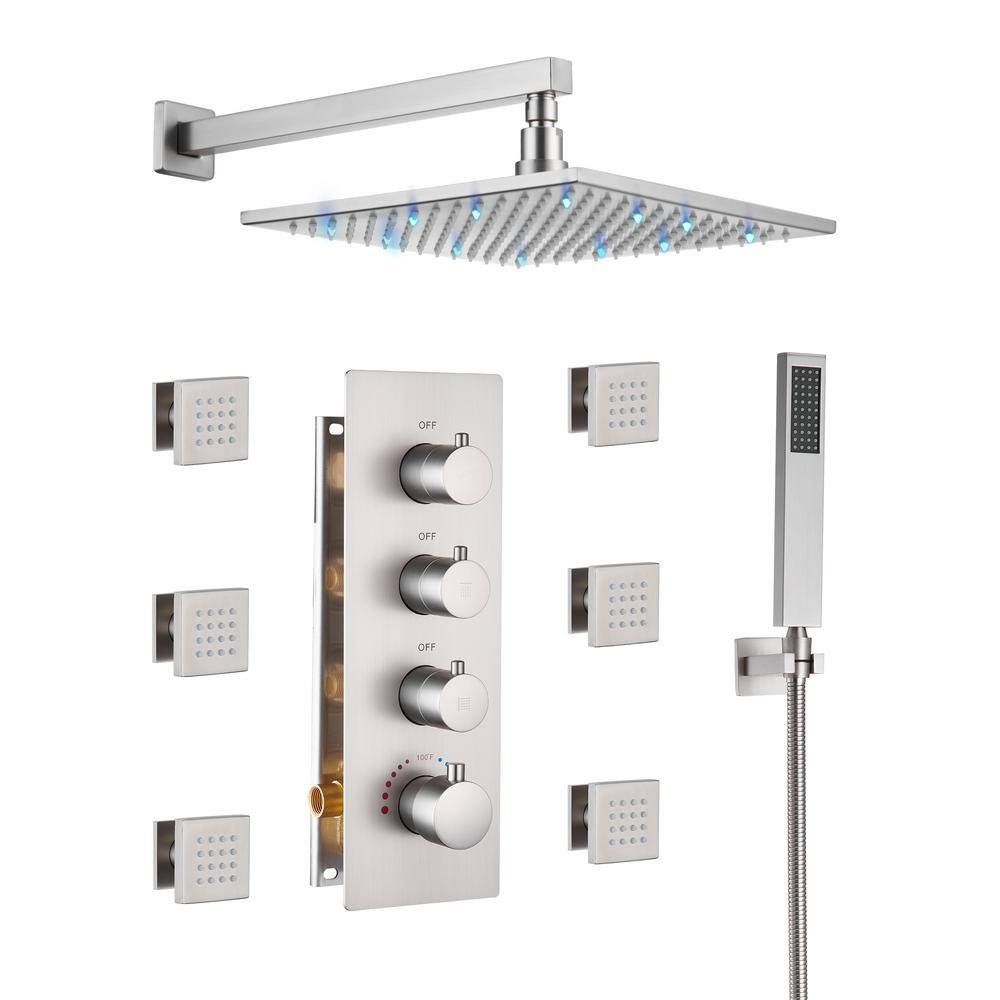 Mondawe LED Thermostatic 3Spray Patterns 12 in. Wall Mount Rain Dual