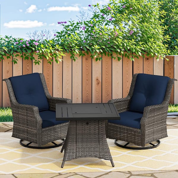 3-Piece Wicker Outdoor Fire Pit Patio Swivel Rocking Chair Set with Blue Cushions and Rectangular Fire Pit Table