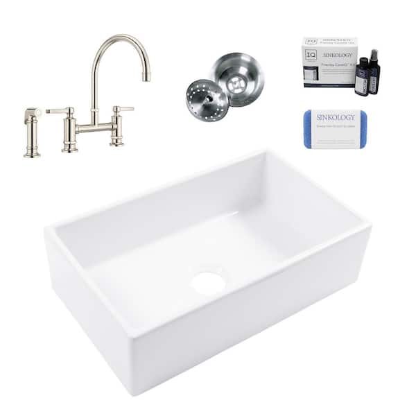 SINKOLOGY Turner 30 in. Farmhouse Apron Front Undermount Single Bowl Crisp White Fireclay Kitchen Sink with Nickel Faucet Kit