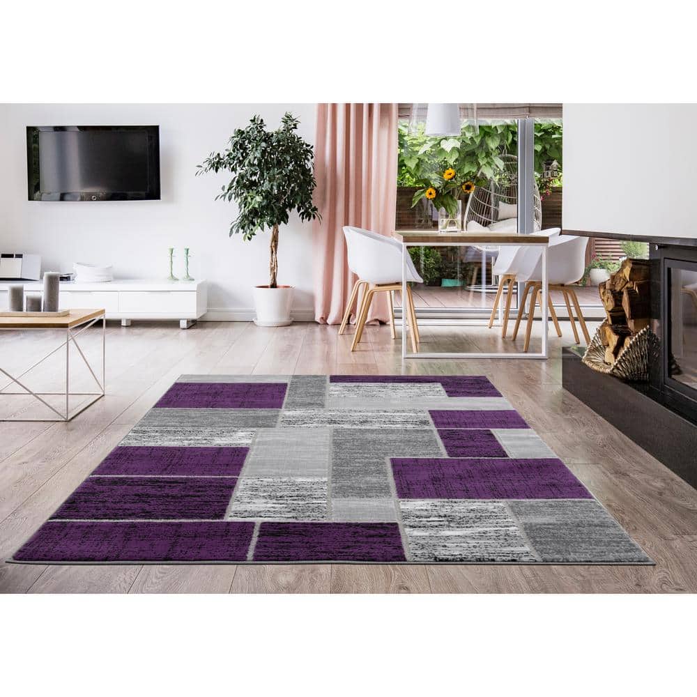 Purple and Gray Geometric Washable Synthetic Area Rug 5' x 7'