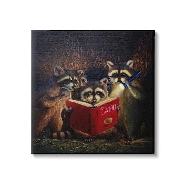 Fun Raccoon Trio Reading Book by Lucia Heffernan 1-Piece Wrapped Unframed Animal Graphic Art Print 17 in. x 17 in.