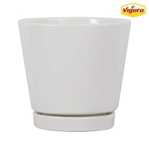 4.4 in. Piedmont Small White Ceramic Planter (4.4 in. D x 4.2 in. H) with Drainage Hole and Attached Saucer