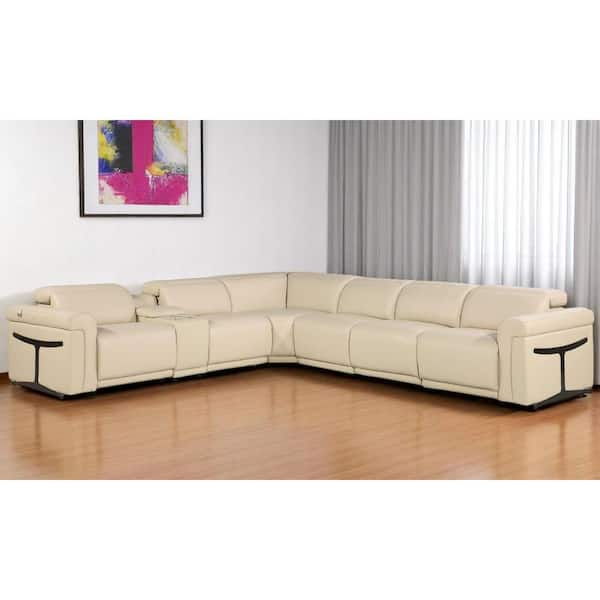 138.00 in. Flared Arm 7 piece Leather L-Shaped Sectional Sofa in. White