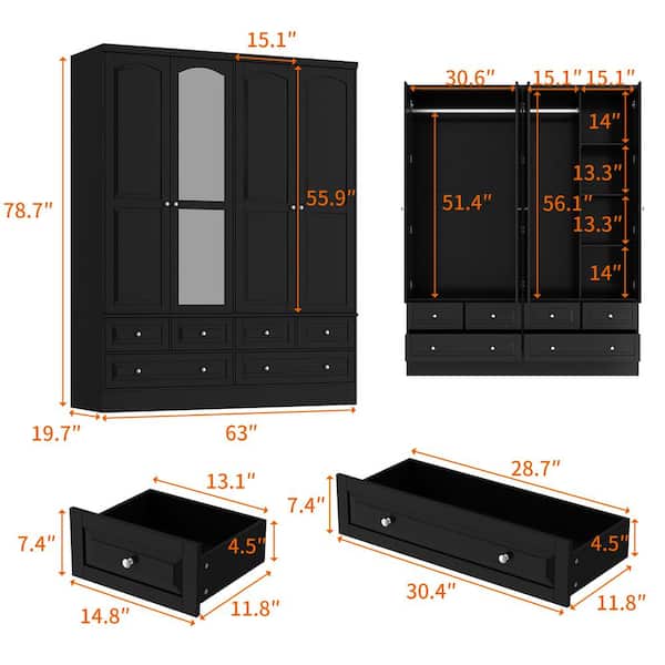 FUFU&GAGA Black Wood 63 in. W Big Wardrobe Armoires Mirror