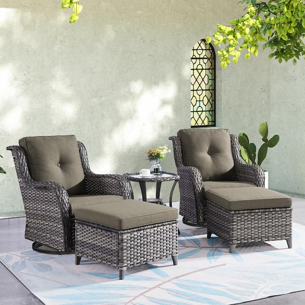 ArcoBay 5-Piece Gray Wicker Outdoor Rocking Swivel Chairs Patio Conversation Set with Gray Cushions and Ottomans