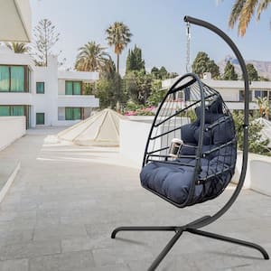 38 in. 1-Person Black Metal Patio Swing Folding Hanging Chair Hammock Egg Chair with Brown Cushion and Pillow