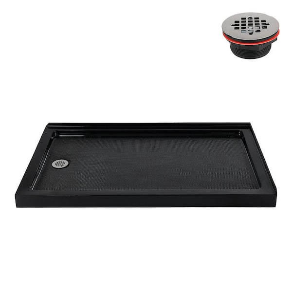 60 in. L x 36 in. W Corner Acrylic Shower Pan Base in Glossy Black with Left Hand Drain, Drain Included