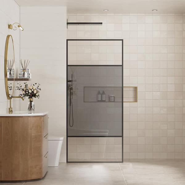 CASAINC 34 in. W x 74 in. H Framed Fixed Spliced Shower Screen Door in Matte Black with Tempered and LAMINATED Glass