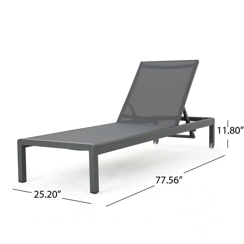 Gray metal outdoor chaise lounge with dimensions 77.56" x 25.20".