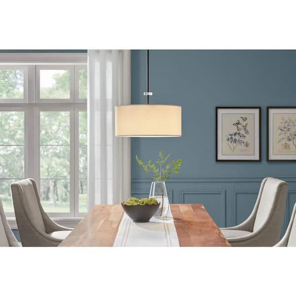 Dawson 1-Light Matte Black Finish Shaded Pendant Light with White Drum Fabric Shade