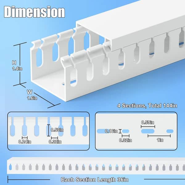 12 ft. White PVC Slotted Cable Raceway 1.6 in. W x 1.4 in. H for Server Rack and Electrical Cabinet, 4-Pack